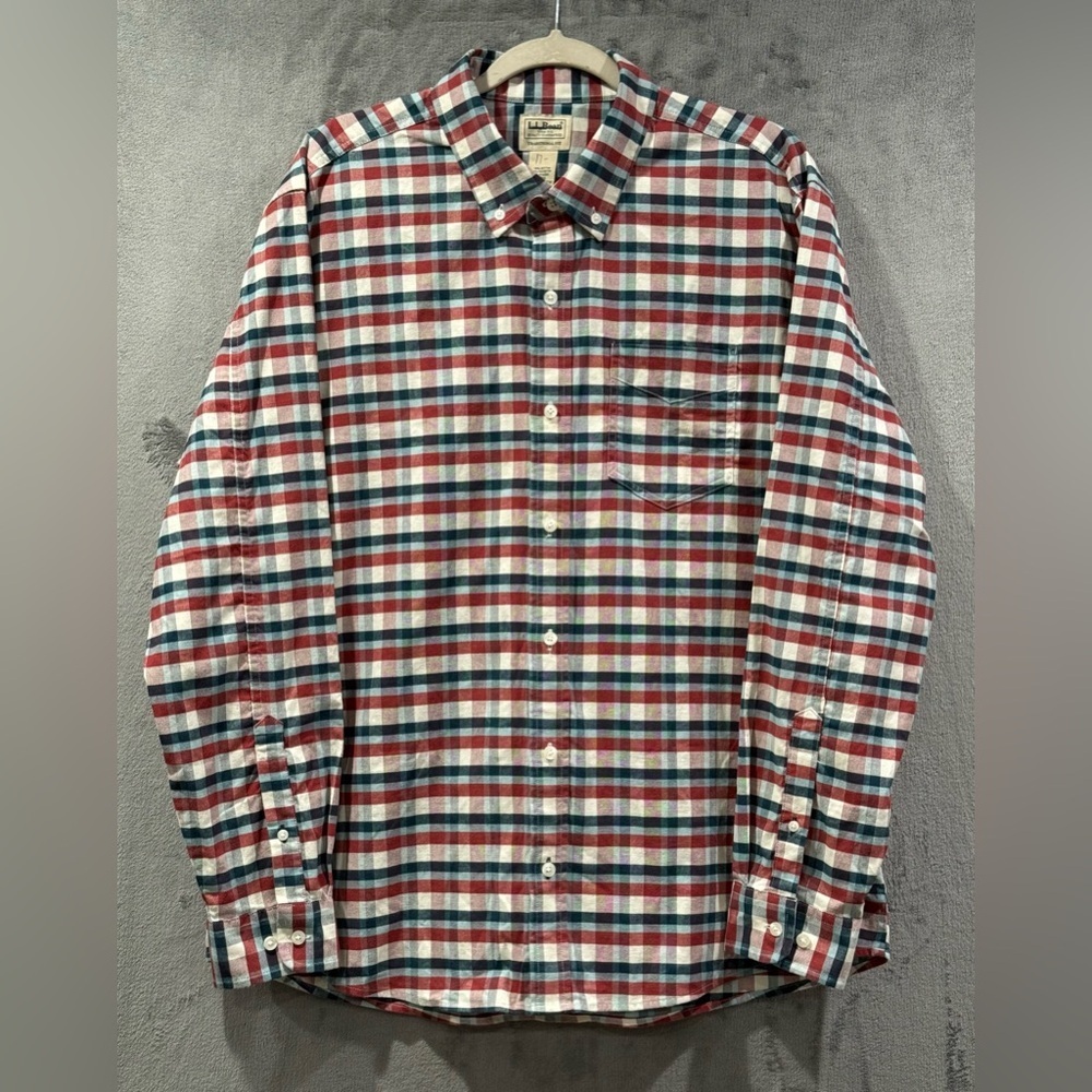 LL BEAN Traditional Fit Shirt Mens L Plaid Red White Blue Long Sleeve Button
